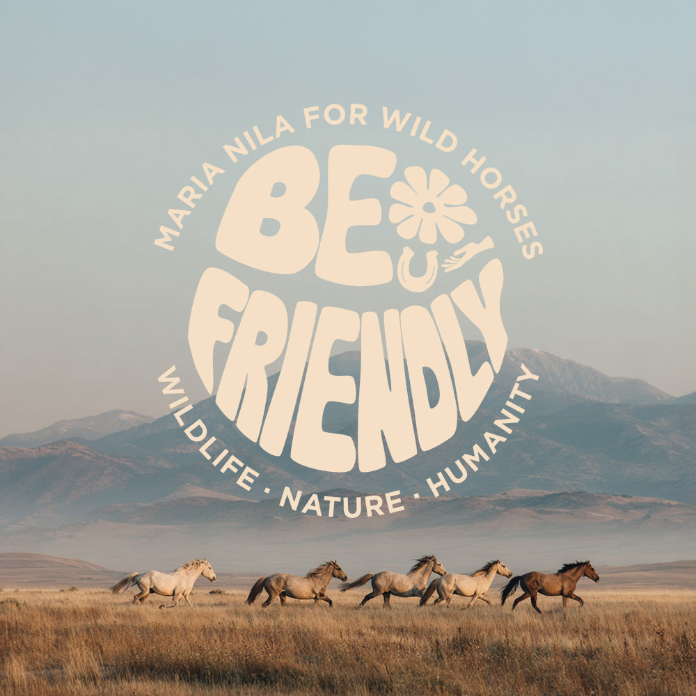 Horses running in a field with mountains in the background and 'Be Friendly' logo overlay.